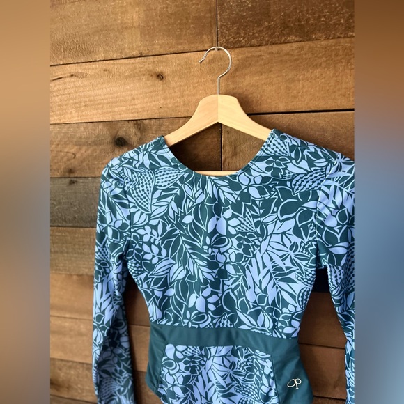 OP Green & Blue Botanical Long Sleeve Open Back One-Piece Swimsuit – Size M - Picture 4 of 11